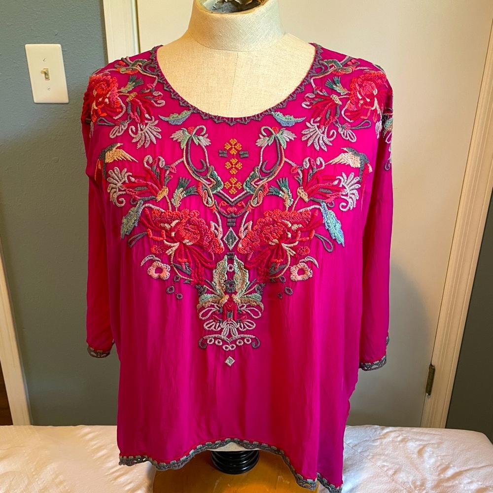 Johnny Was Pink Floral Embroidered Blouse